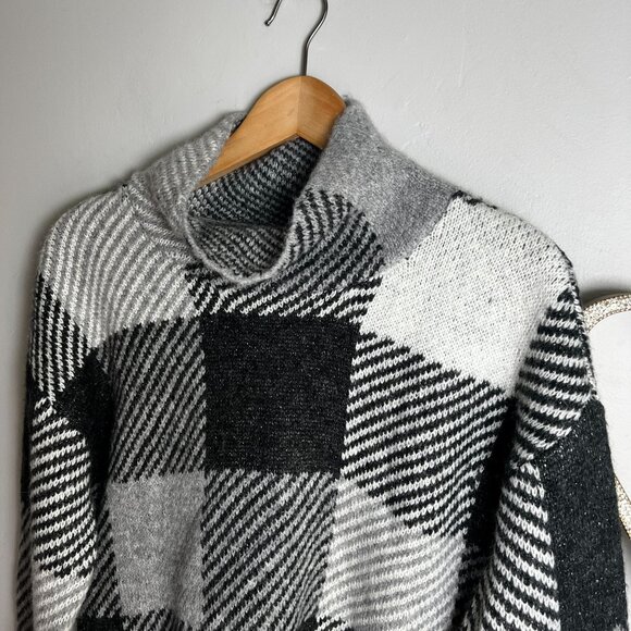 DKNY Womens Turtleneck Plaid Sweater Pull Over SMALL Black White Metallic - Picture 2 of 10